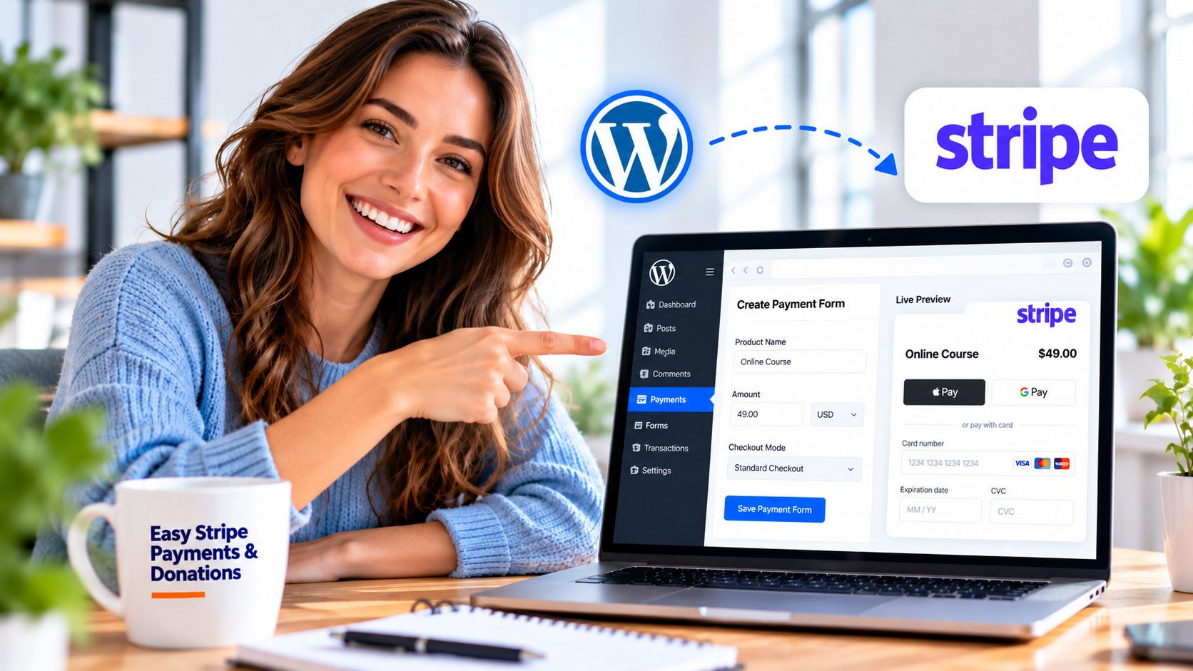 Woman pointing at a laptop showing a WordPress Stripe payment form using Easy Stripe Payments & Donations without WooCommerce.